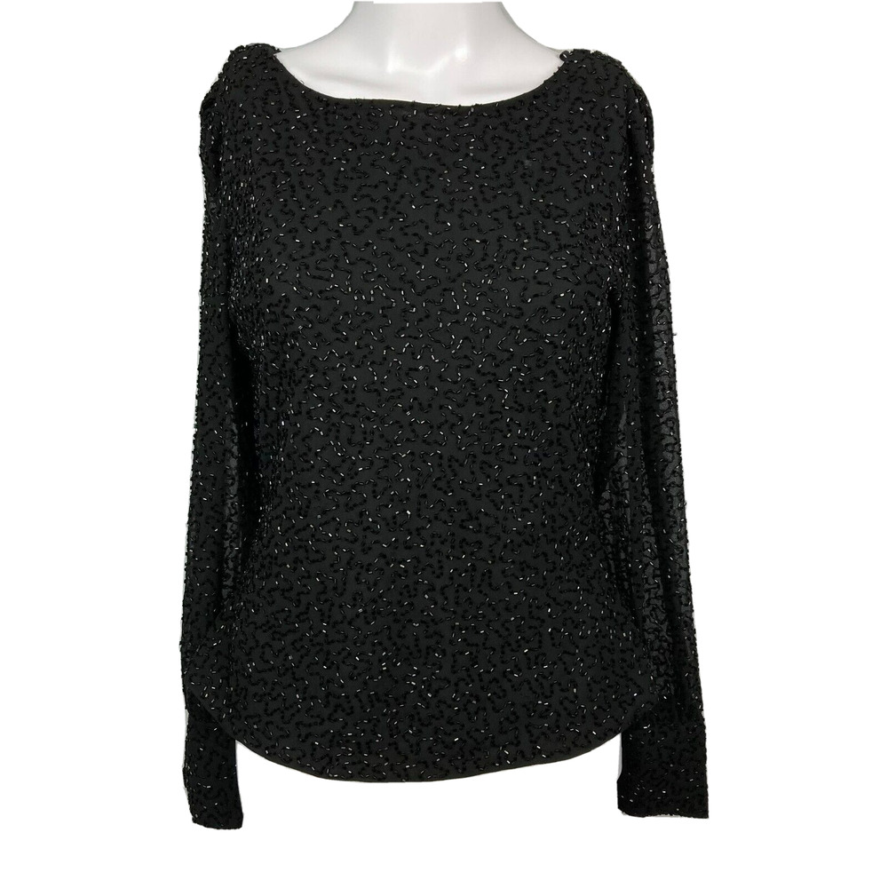 JKara New York Shirt Womens Sz M Black Chiffon Beaded Drape Rear Formal